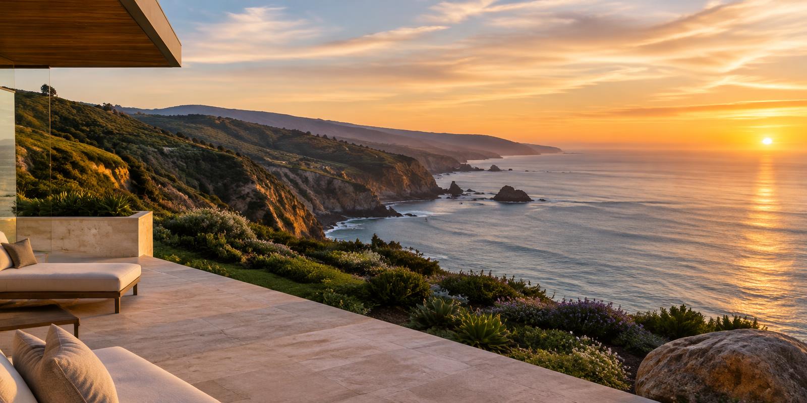 Quiet Pacific coastal landscape seen from a stone terrace at sunset