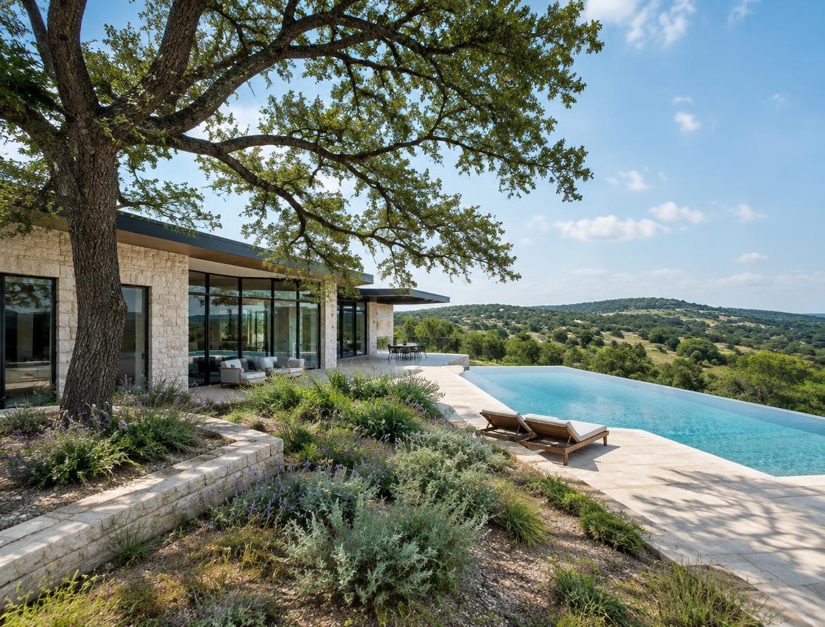 Limestone Austin estate with oak trees and a pool overlooking the green hills