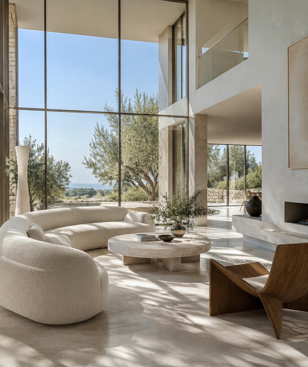 Sunlit double-height living room with a curved ivory sofa and natural stone finishes