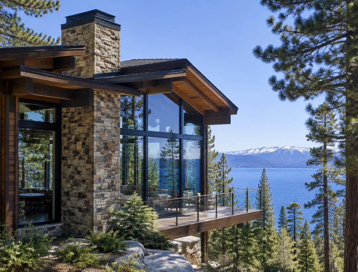 Contemporary timber and stone Lake Tahoe retreat framed by pine trees