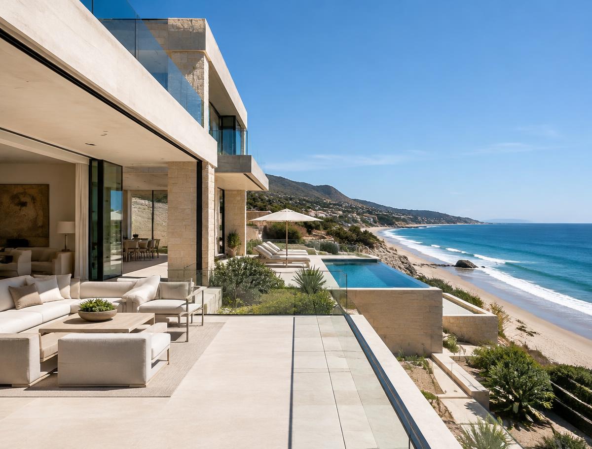 Travertine Malibu villa with open terraces overlooking the Pacific Ocean