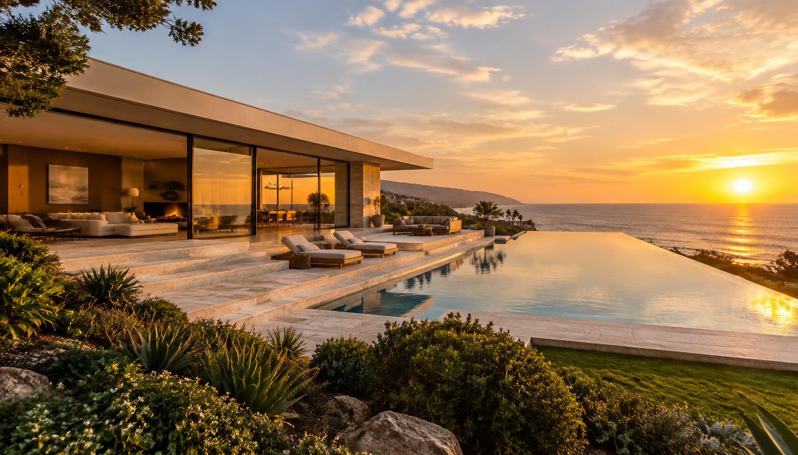 Modern Malibu coastal villa with an infinity pool at golden sunset