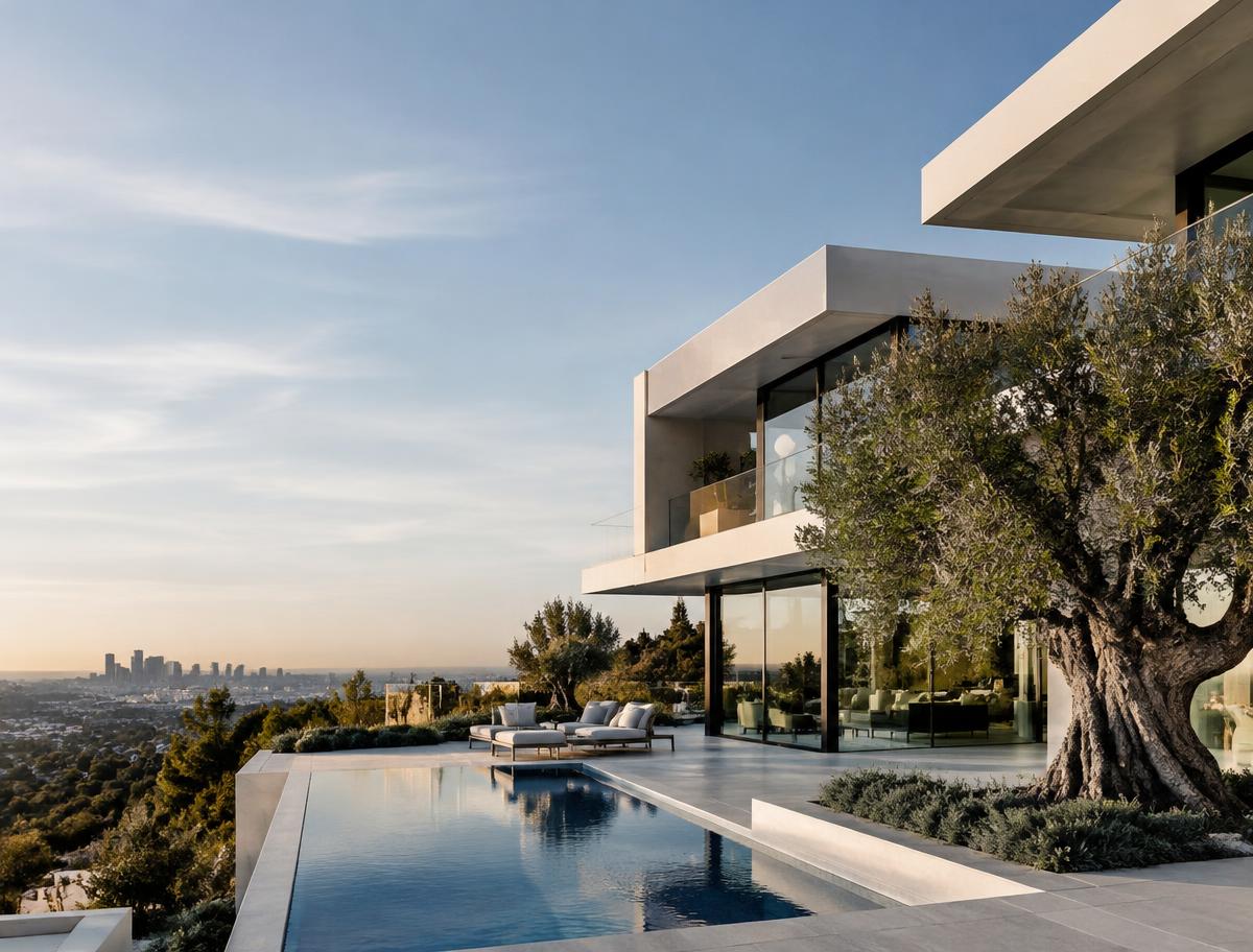Glass-fronted Los Angeles hillside residence with an infinity pool and city views